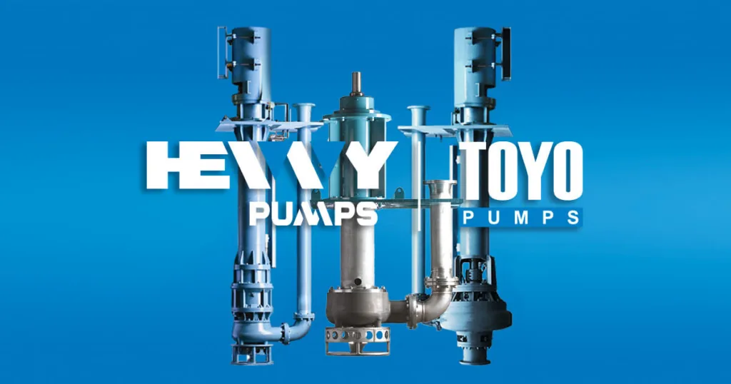 Image of various Hevvy | Toyo vertical pumps against a blue background, showcasing their heavy-duty design for industrial applications requiring robust, high-performance pumping solutions.