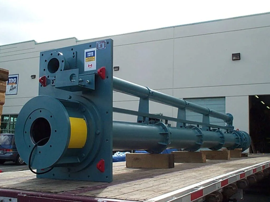 Large, industrial-grade Hevvy | Toyo HNC Series pump displayed on a flatbed truck, highlighting its durable construction and suitability for high-capacity, heavy-duty fluid handling applications.