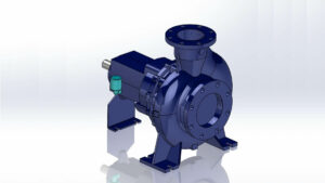 A 3D CAD drawing of an end suction centrifugal pump.