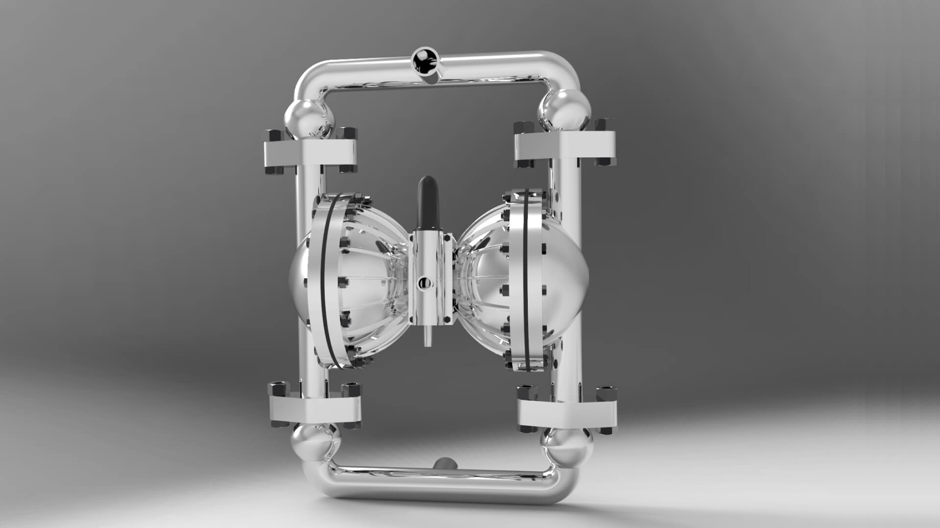 A 3D CAD drawing of the interior of an industrial air-operated diaphragm pump.