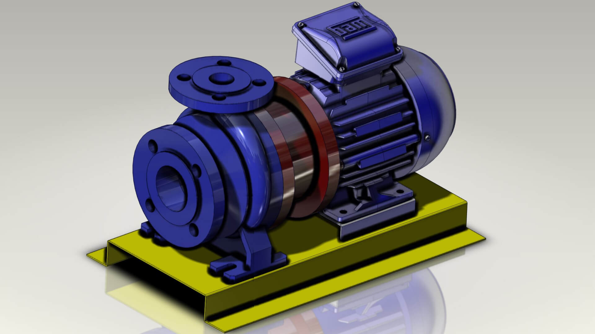 A 3D CAD drawing of a centrifugal pump.