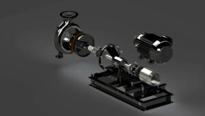 A 3D rendering of a Grundfos water pump expanded