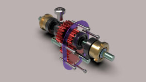 A 3D CAD drawing of the interior of a gearbox