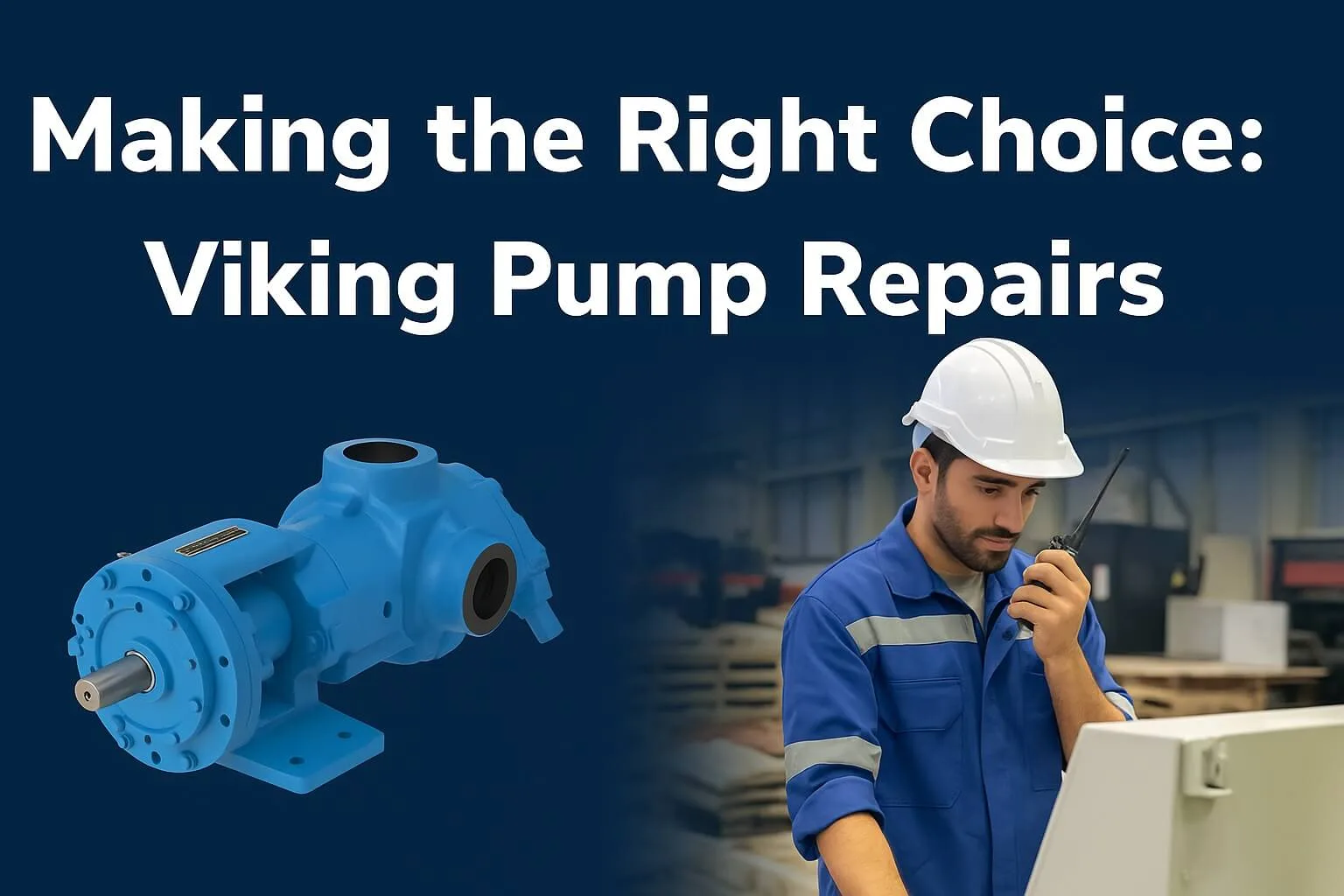 Featured image for Viking Pump Repairs article showing a technician in a blue uniform and hard hat using a radio in an industrial setting, with a blue Viking pump and the headline 'Making the Right Choice: Viking Pump Repairs' on a dark blue background.