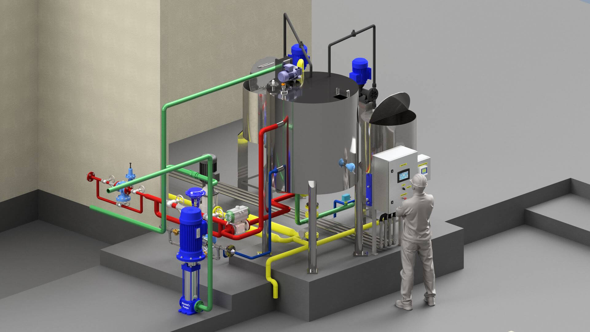 A 3D CAD drawing of a clean in place system.