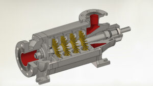 A 3D CAD drawing of a side channel pump.