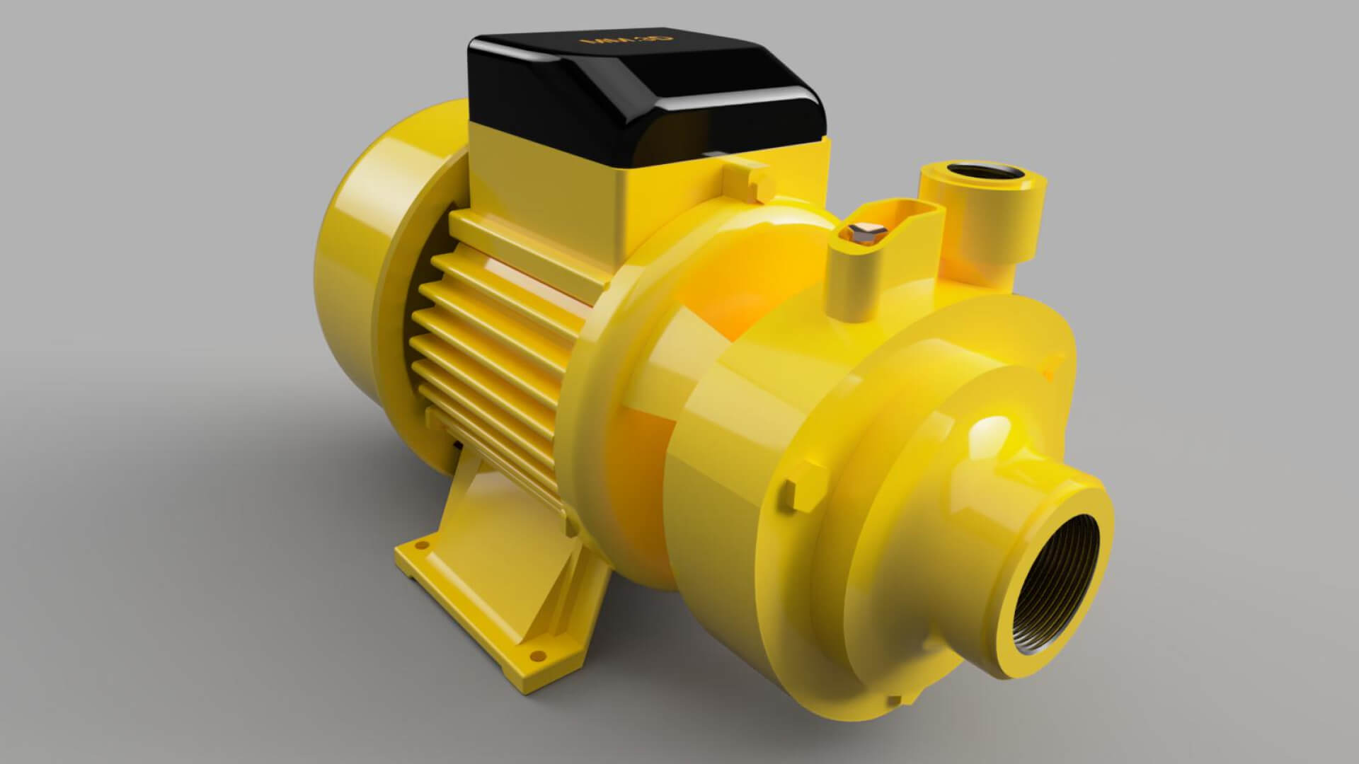 A 3D CAD drawing of a water pump.