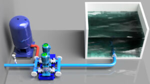 A 3D CAD drawing of the interior of an industrial booster pump.