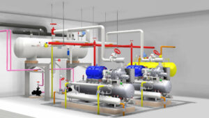 A 3D CAD drawing of a refrigeration pump package