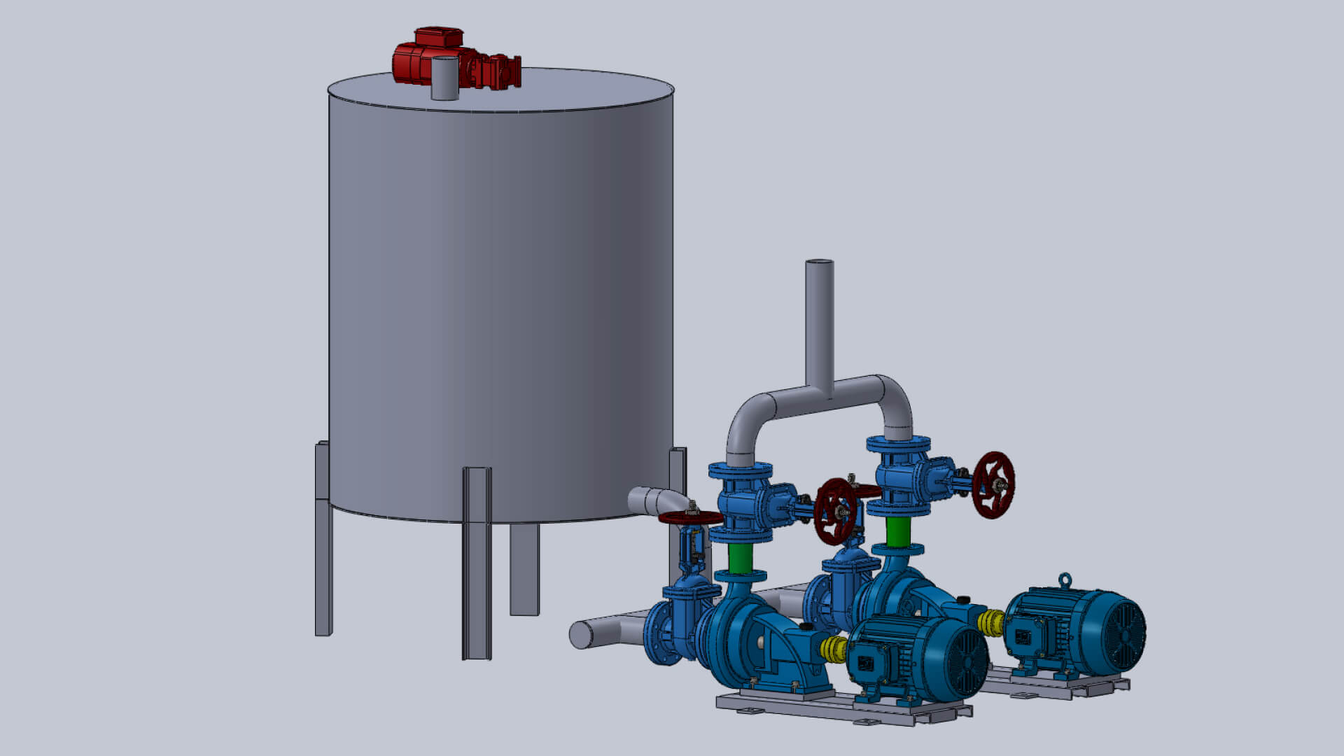 A 3D CAD drawing of a chemical pump and tank