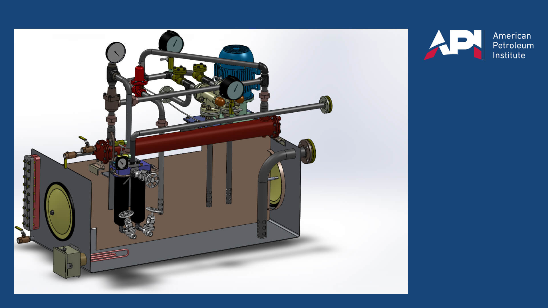 A 3D CAD rendering of an API-approved pump