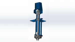 A 3D CAD drawing of the interior of an industrial vertical sump pump.