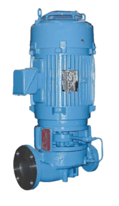 Image of a DL Series High Temperature Inline Pump by Dean Brothers, featuring a vertical design, ribbed motor housing for heat dissipation, and flange connection for industrial high-temperature applications.