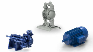 A 3d CAD drawing of a centrifugal pump, a Wilden pump, and a gear pump.