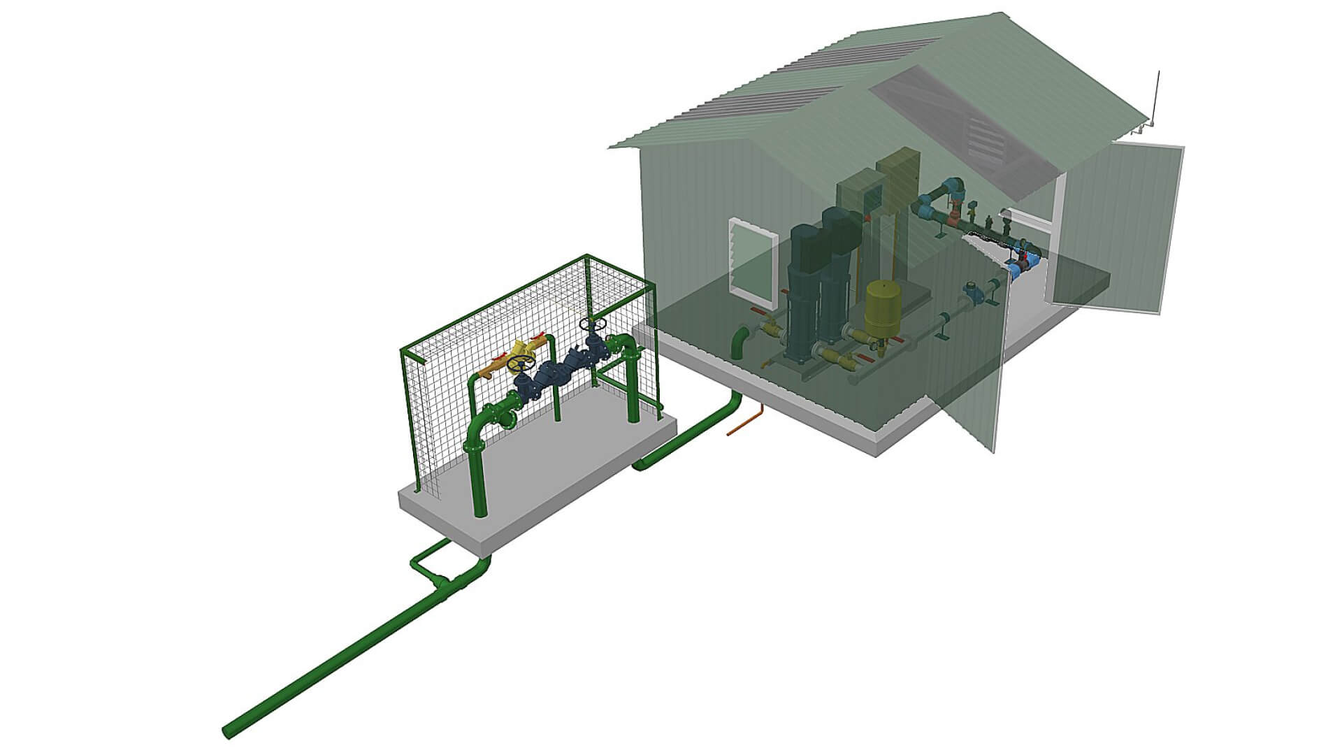 A 3D CAD rendering of an agricultural irrigation pump system