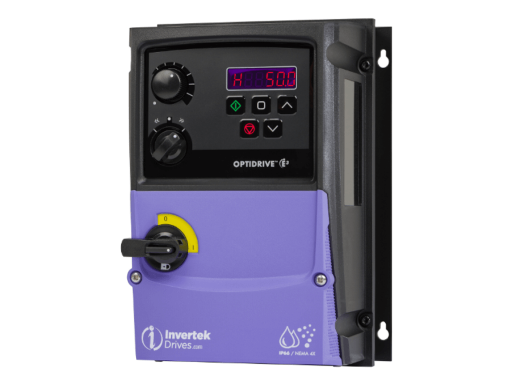 A Sumitomo Optidrive E3 variable frequency drive with a purple and black design, showcasing advanced control features for energy-efficient motor operation in industrial systems.