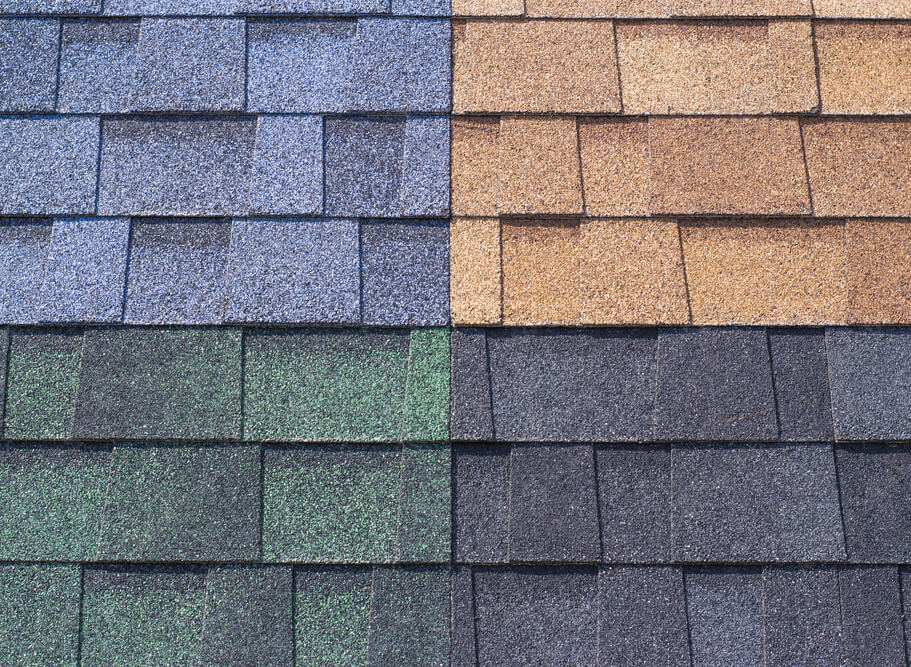 An assortment of colored asphalt shingles, manufacturered using Arroyo Process rotating equipment