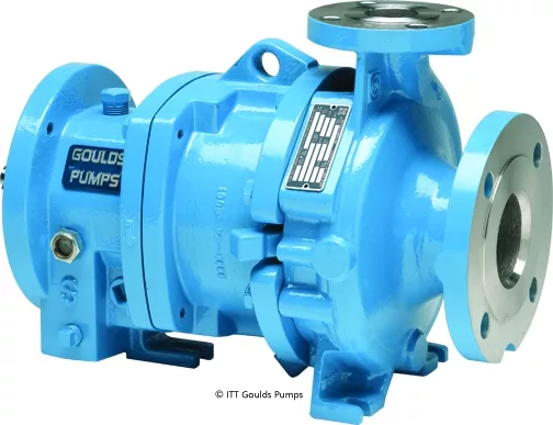 Goulds Pumps ITT 3296 EZMAG Chemical Process Pump: A high-performance blue chemical process pump with magnetic drive technology for leak-free operation.