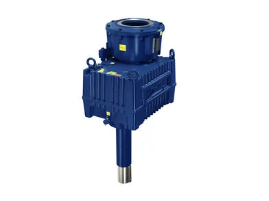 Hansen air-cooled condenser drive gearbox with a blue housing and robust construction, designed for efficient cooling system applications in industrial settings.