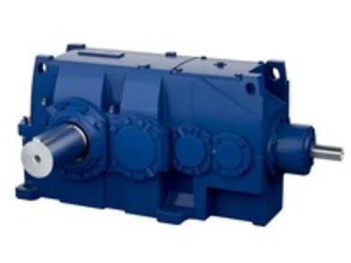 Hansen P4 multistage horizontal gearbox featuring a durable blue housing, ideal for horizontal mounting in various industrial applications requiring multi-stage mixing capabilities.