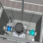 CAD drawing of a pump station, showing a detailed overhead view of the installation. The drawing includes various components such as pumps, pipes, and control systems, illustrating the layout and design of the pump station for effective wastewater management.