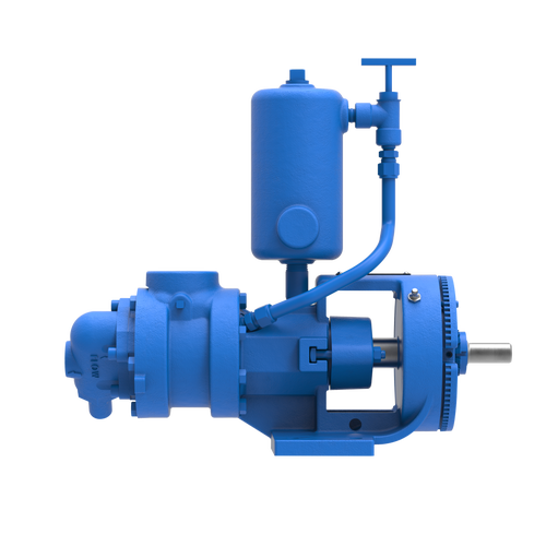 Viking Pump 4924A Series - Side View: A durable and efficient liquid ammonia transfer pump with a blue casing, visible pressure gauge, and drive shaft for reliable operation in industrial applications.