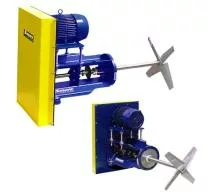 Sharpe side entry mixer with a blue motor and gearbox, mounted on a yellow panel. This mixer is suitable for large storage tanks and reactors, providing efficient mixing capabilities.