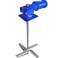 Sharpe top entry mixer featuring a blue motor and gearbox, designed for mounting on the top of tanks. The mixer includes a durable shaft and mixing blades, ideal for heavy-duty mixing tasks.