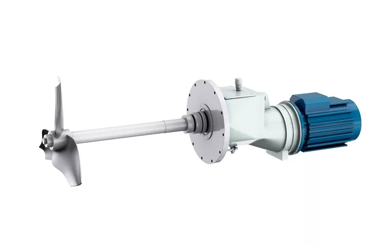 Sulzer Salomix SLR side-entry agitator with a robust motor and propeller. Designed for efficient mixing in large storage tanks, this agitator ensures uniform blending of materials.