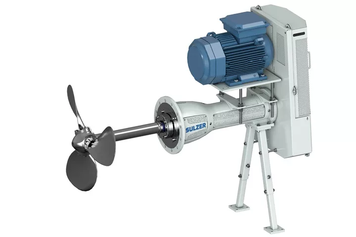 Sulzer Salomix SSA agitator, featuring a powerful motor and vertical shaft with dual propellers. Suitable for top-entry applications, this agitator provides efficient mixing for various industrial processes.