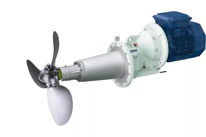 Sulzer Salomix SSF agitator, designed for top-entry mixing applications. This agitator features a powerful motor and dual propellers, ensuring thorough and consistent mixing in industrial settings.