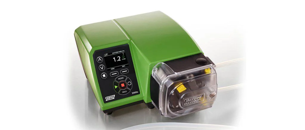 Watson Marlow 530 Series peristaltic pump, featuring a sleek green and black design with a clear digital display. Designed for accurate dosing and flow control in wastewater treatment applications, this pump ensures precise chemical and fluid management with its user-friendly interface.