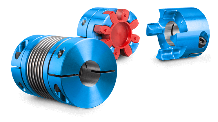 Blue industrial Flender backlash-free couplings in various configurations, designed for precise torque transmission with zero backlash, ideal for high-precision mechanical systems.