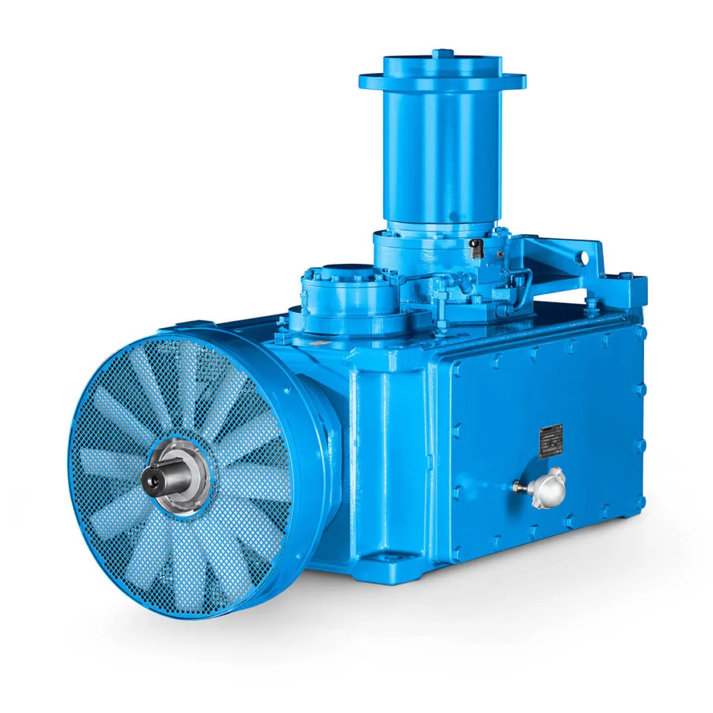 Blue industrial Flender cooling tower gear unit with a fan at the front, designed for efficient power transmission in cooling applications.