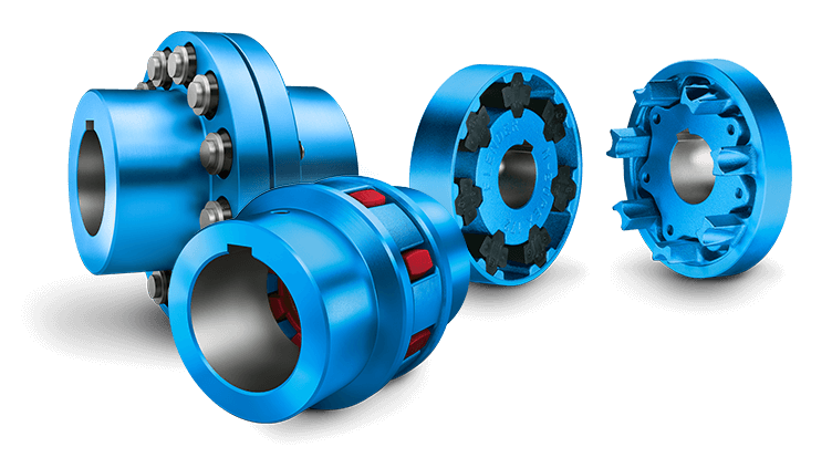 Blue industrial Flender flexible couplings in various configurations, showcasing different designs for efficient power transmission and flexibility in accommodating misalignment between shafts.