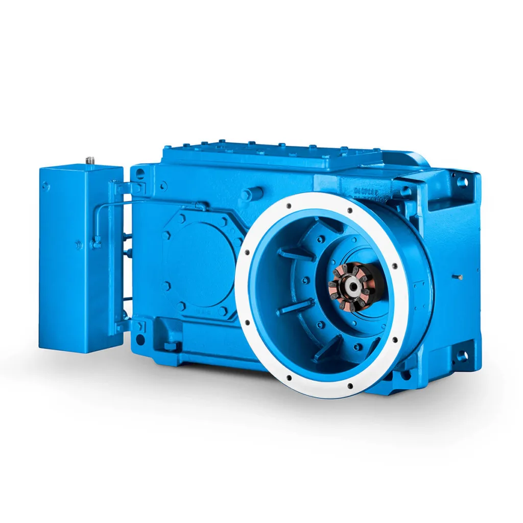 Blue industrial Flender gear unit designed for agitators, featuring a round mounting area and robust construction for use in mixing and stirring applications.