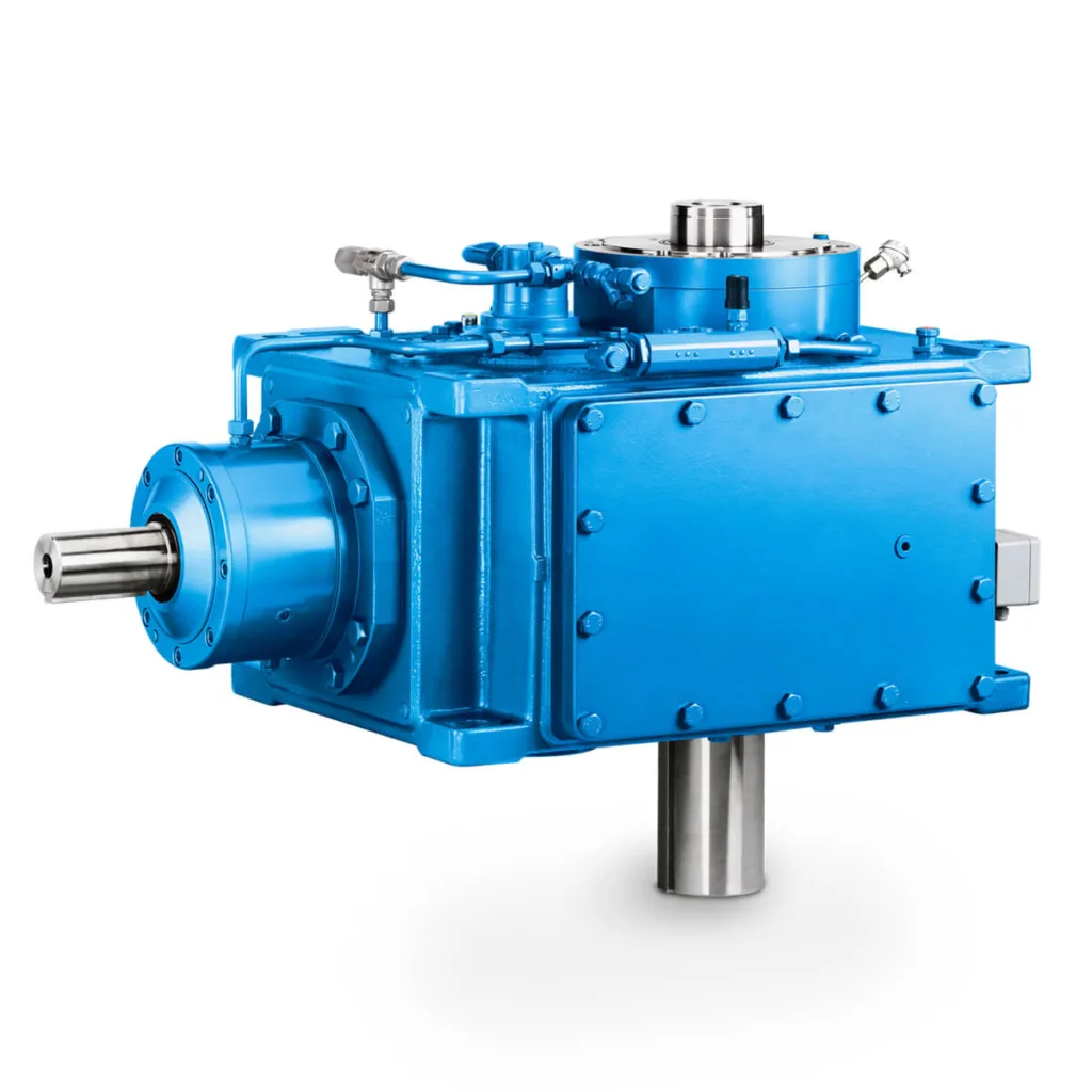 Blue industrial Flender gear unit designed for water turbine applications, featuring a sturdy rectangular design with visible shafts for power transmission.