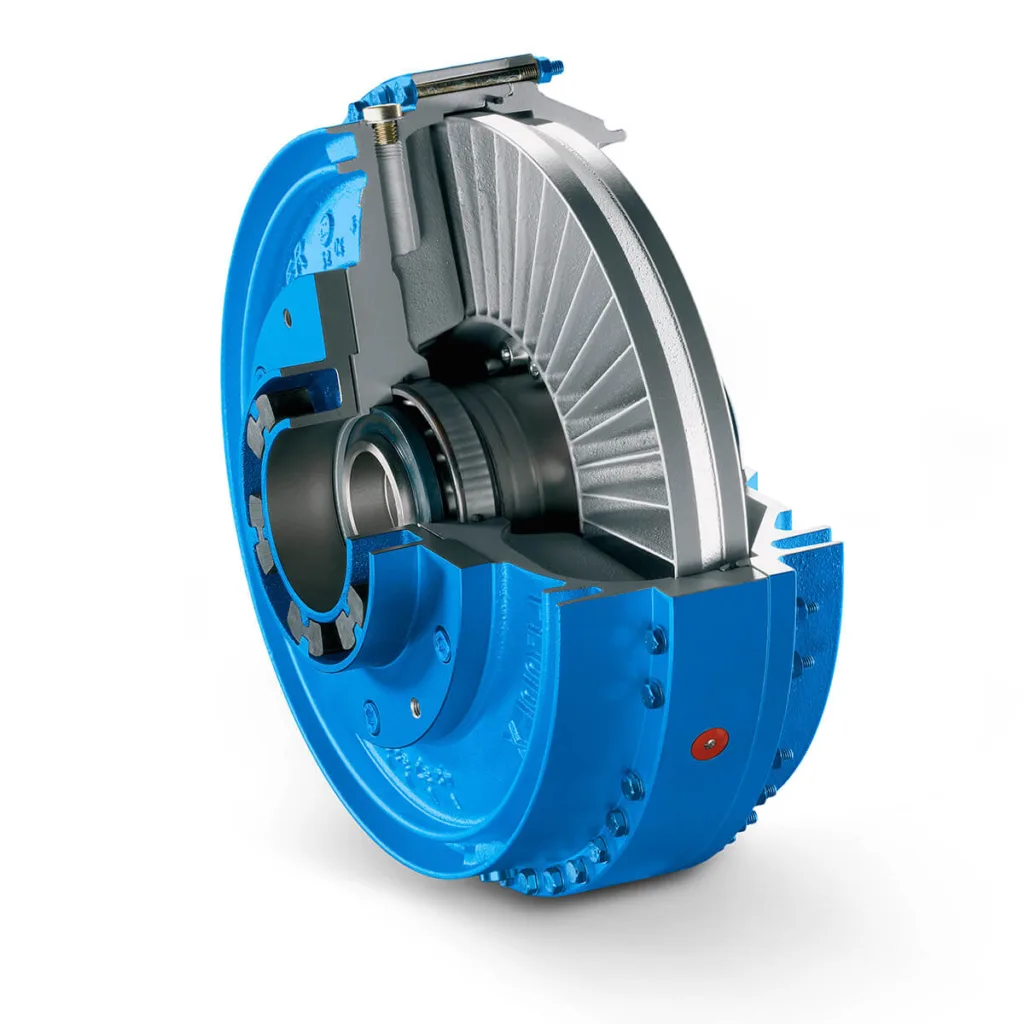 Blue industrial Flender hydrodynamic coupling, shown in a cross-sectional view to display the internal components, designed for smooth torque transmission and overload protection in mechanical systems.