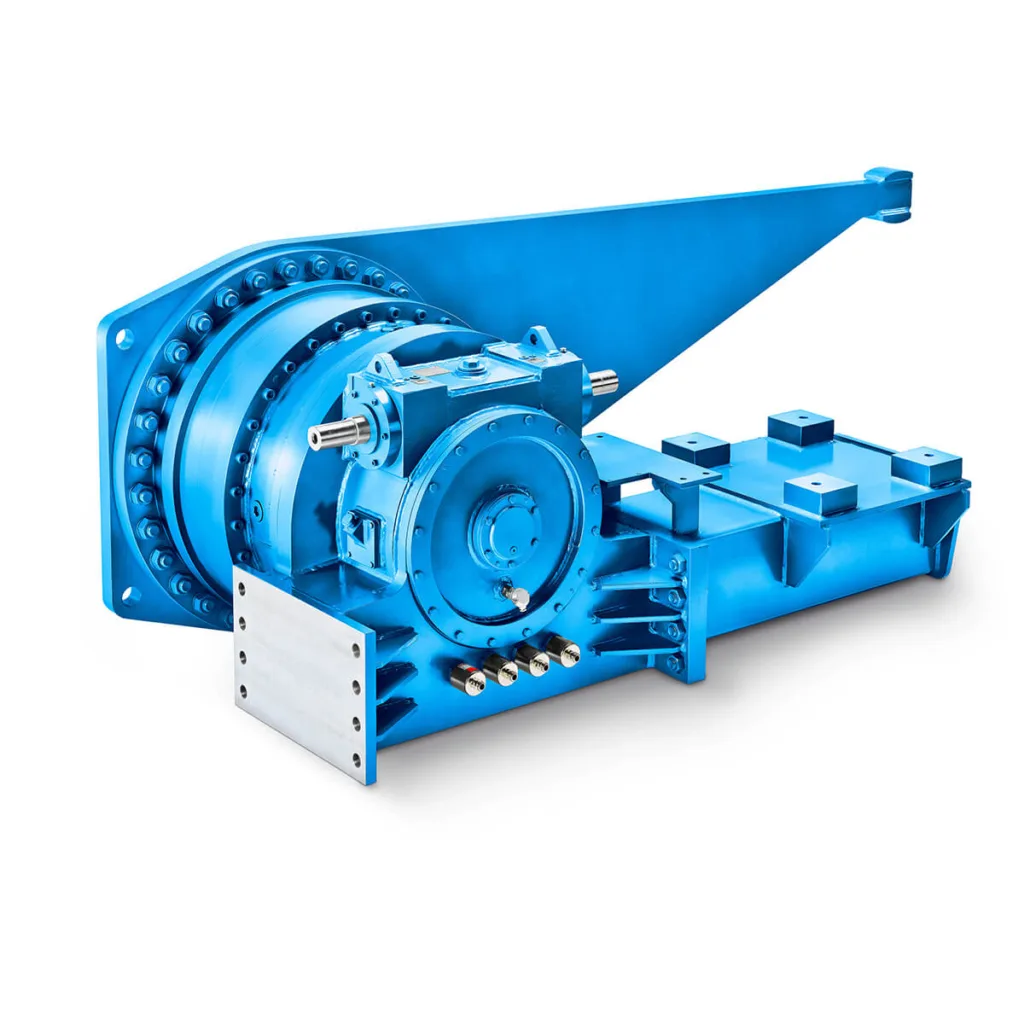 Blue industrial Flender PLANUREX gear unit designed for traveling gears, featuring a compact assembly with multiple shafts and a robust frame for heavy-duty material handling applications.