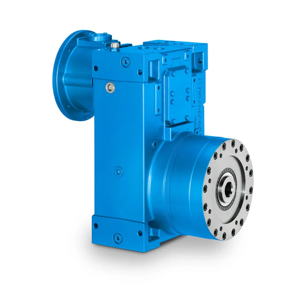 Blue industrial Flender single screw extruder gear unit with a compact, vertical design and flanged output, engineered for precise and efficient operation in extrusion applications.