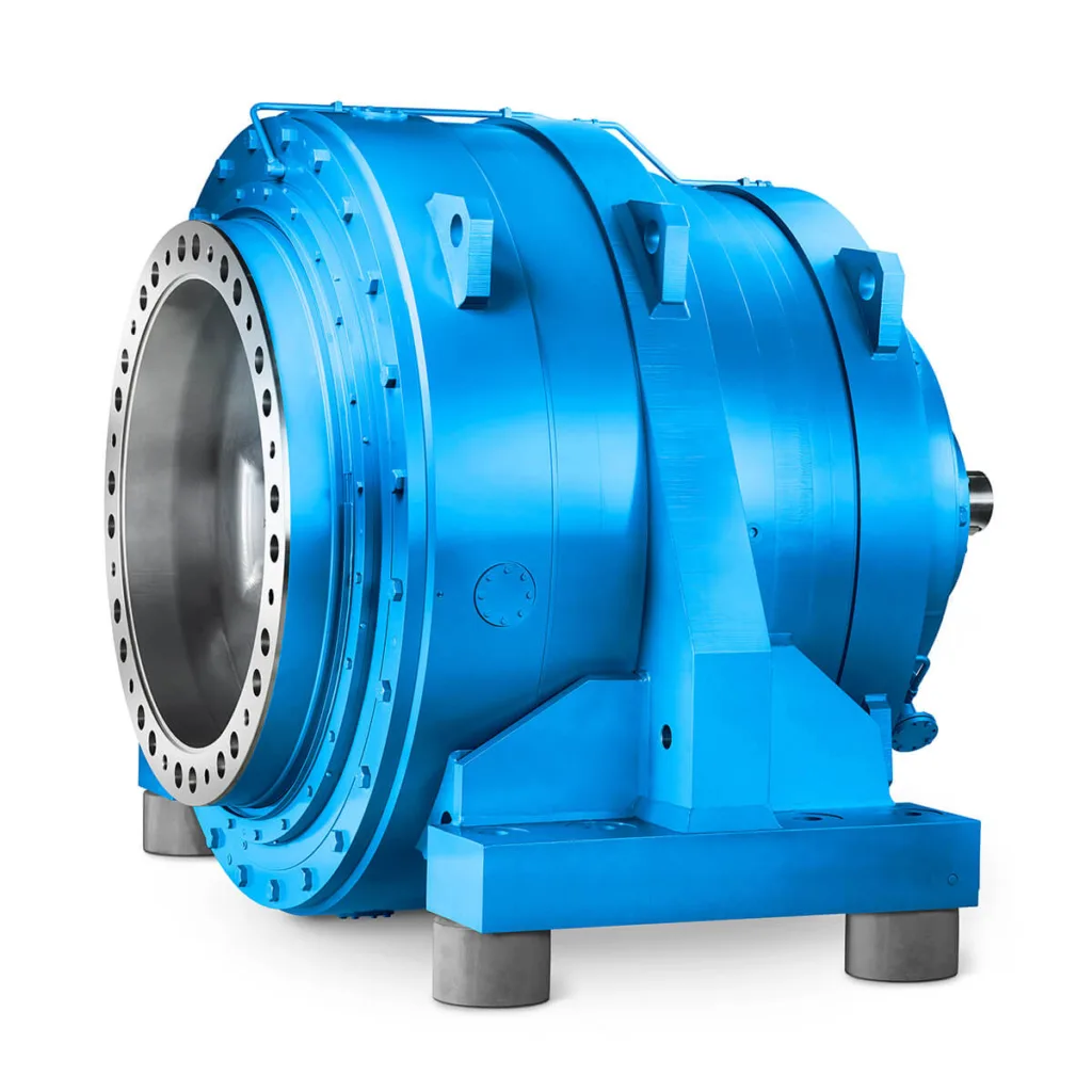 Large blue industrial Flender gear unit designed for tube mills, featuring a cylindrical shape and heavy-duty construction for high-power transmission applications.