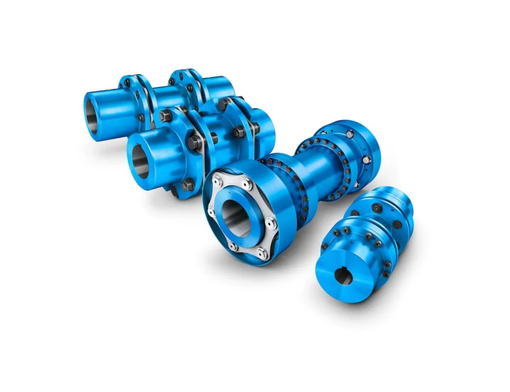 Blue industrial Flender torsionally rigid couplings in multiple configurations, designed for precise torque transmission and minimal deflection in high-performance mechanical systems.