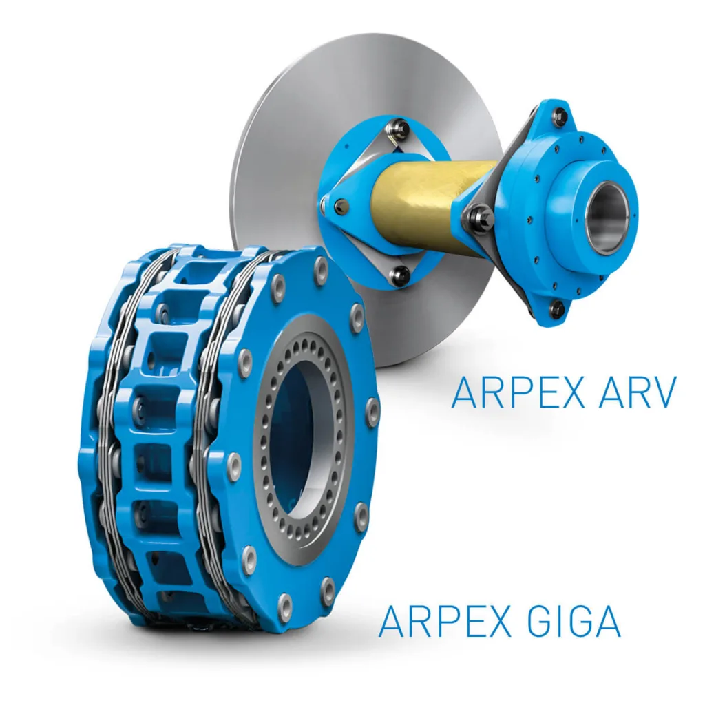 Blue industrial Flender wind couplings, including ARPEX ARV and ARPEX GIGA models, designed for high-performance torque transmission in wind turbines.