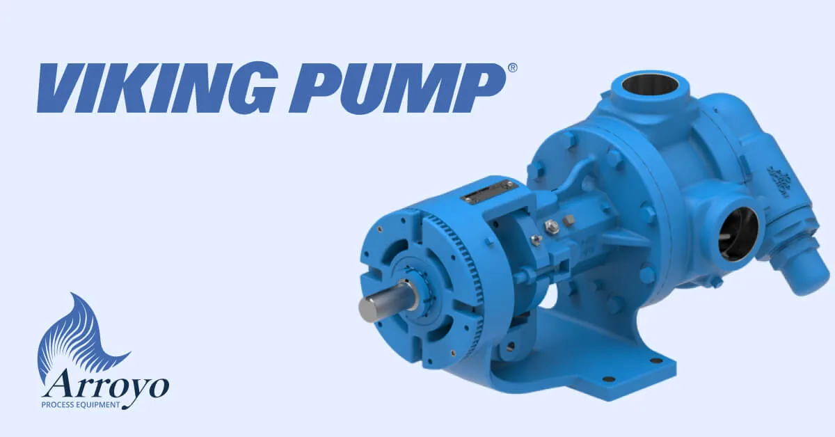 Image displaying the Viking 1124A Series™ internal gear pump in blue, along with the Viking Pump and Arroyo Process Equipment logos. The pump is designed for industrial applications handling non-corrosive fluids.