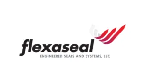 Flexaseal Engineered Seals and Systems, LLC logo, featuring the company name in bold black letters with a red and gray abstract swoosh symbol, representing innovation in mechanical seal solutions.