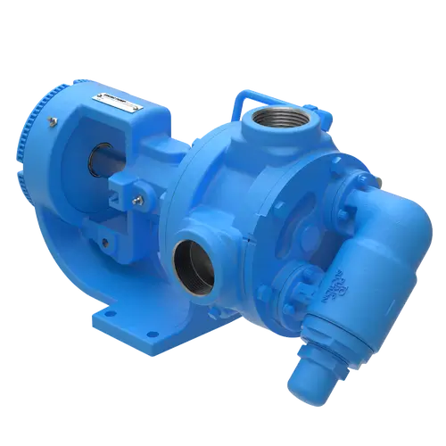 Close-up of a Viking Pump K4624B series pump, showcasing its robust design for crude oil transfer applications, painted in blue and featuring multiple inlets for efficient fluid handling.