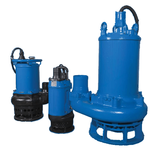 A collection of blue submersible pumps in various sizes, designed for handling heavy-duty industrial applications, including slurry and wastewater.