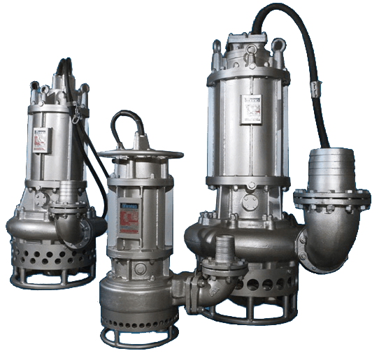 Group of stainless steel submersible pumps, built to withstand corrosive environments, ideal for chemical and wastewater treatment applications.