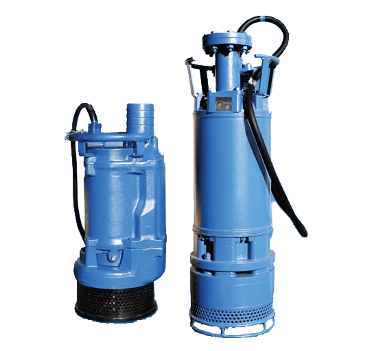 Two compact blue submersible pumps, showcasing versatility and high efficiency for smaller industrial and municipal applications.