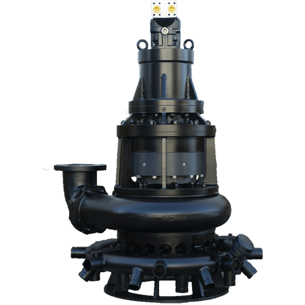 Heavy-duty black industrial pump designed for handling high-capacity and abrasive applications, offering robust performance in challenging conditions.